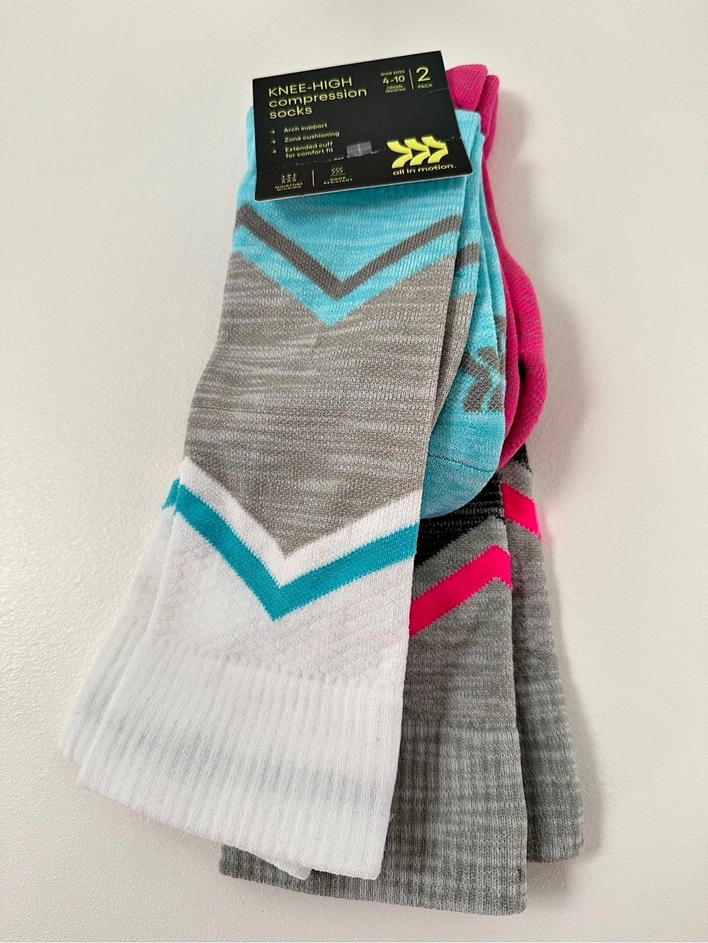 all in motion. Knee-High Compression Socks 2-Pack. Gray & Pink 4-10